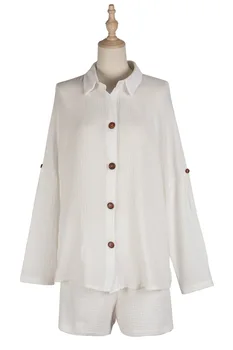 Aransue Evropske Ženske Priložnostne Obleko 2021 Poletje Nove Dolg Rokav Beli Shirt Nastavite Bombaž Perilo Hlače