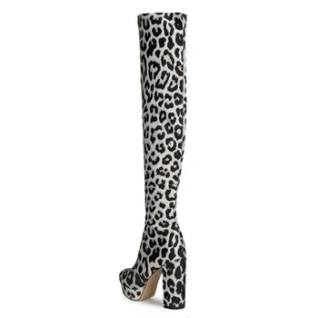 2021 Pomlad Leopard Stretch Škornji Ženske Nova Platforma Čevlji Posebne Super Elastični Mleko Svilene Čevlji, Debele Visoke Pete, Kolena Visoki Škornji