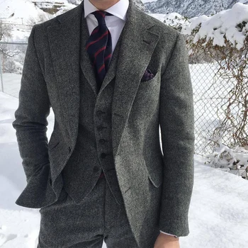 Sive Volne Tweed Zimske Moške Obleko Za Poroko Formalno Ženina Jopičem Kost Moški Modni 3 Kos (Suknjič +Telovnik +Hlače+Kravato)