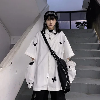 Deeptown Gothic Metulja Print Majica Ženske Harajuku Bele Bluze Japonskem Slogu Center Goth Dolg Rokav Alt Oblačila Estetike Vrhovi