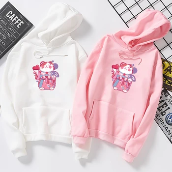 Harajuku Kawaii Japonski Srečen Mačka Toplo Grafike Hoodies za Ženske Hip Hop Oversize Hoody Sweatshirts Ulične Hoody Mujer