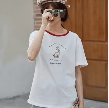 Poletje Moda Tees Rokavi Ženske Priložnostne O-vratu Kratek Rokav Bele Črke Natisni Naravnost T-shirt Femme Bombaž Mehko Vrhovi