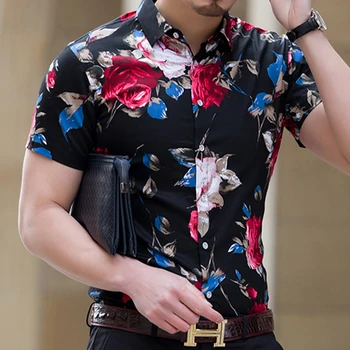 M-7XL Nov Poletni Modni Moški Slim Fit Majica Kratek Rokav Cvetlični Shirt Mens Oblačila Trend Plus Velikost Mens Priložnostne Srajce Cvet