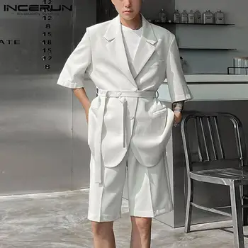 2021 Moda za Moške Določa Barva korejski Pol Rokav Jopič S Pasom & Hlače Ulične Moških Priložnostne Obleke Dveh Kosov INCERUN