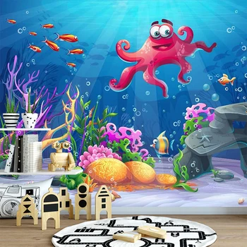 Po meri Podvodni Sea World 3D Cartoon Hobotnica Ozadje Zidana za Otroke, Otroci Soba Foto Ozadje Peel&Stick Stensko Slikarstvo
