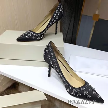 Vzletno-pristajalne steze Design Ženske čevlje kristalno listov dekor visoke pete, črpalke konicami prstov bling bling nosorogovo pomladni poroka bradal čevlji