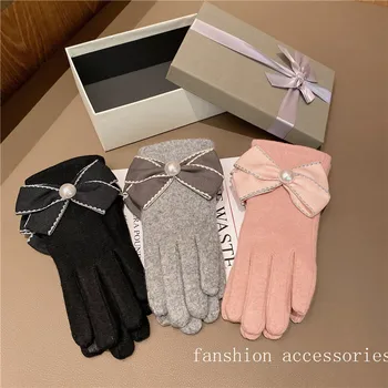Pozimi kašmir rokavice ženska preprosto bowknot outdoor, jahanje rokavice za zaslon na dotik split prst debelo dvojno dodatki modni rokavice