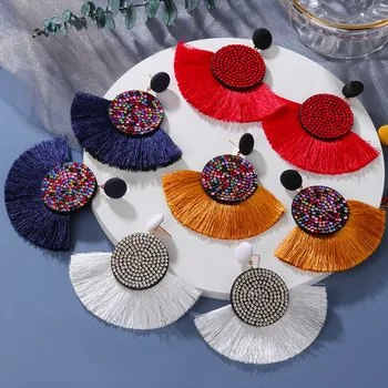 BICUX Bohemian Big Tassel Kristalno Spusti Uhani za Ženske do leta 2020 Modni Izjavo Nakit Bombaža, Ročno izdelane Tkanine Bonitete Earings