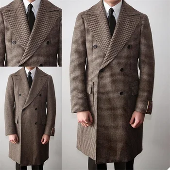 Britanski Stil Moške Obleke Houndstooth Meri Moške Obleke Dvojno Zapenjanje Tuxedos Dosegla Vrhunec River Jopič Poslovnih Dolg Plašč