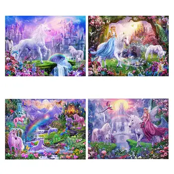 Diy 5d Polno Diamond Slikarstvo Živali Vezenje Kvadratni Krog Vaja Grad Rainbow Unicorn Mozaik Pohištvo Navzkrižno Šiv Hobi