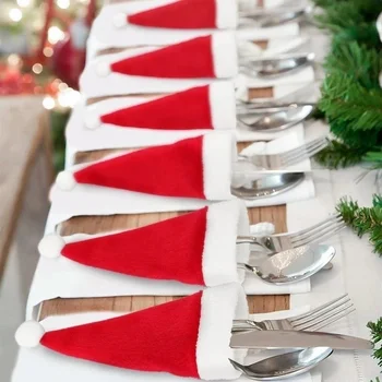 10pcs Mini Božični Klobuk Namizna Nož, Vilice Nastavite Nosilec za Žep Vrečko Vesel Božič Stranka Večerja Steklenico Vina Božič Klobuk Dekoracijo