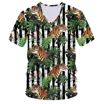 Listi 3D Tiskanje Tshirts Hawaiian Slog Tiger Tiskanja V-neck Majica Pomlad/jesen Priložnostne Modni Moški/ženske T-shirt Dodatno Velikost