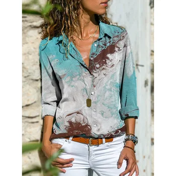 Jeseni Mode 2021 Žensk Priložnostne Letnik Tiskanja Elegantno Bluze z Dolgimi Rokavi River Gumb Bluzo Majica Plus Velikost Vrhovi Oblačila