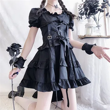 Lolita Obleko Viktorijanski Renaissance Black Gothic Japonska Dekle Letnik Punk Stil Puff Rokav Povoj Mini Obleka Ženske Obleke
