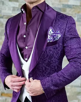 Elegantne Moške Obleke 2021 Italijanski Dizajn Po Meri Narejene Vijolično Jacquardske Kajenje Jopičem Jakno 3 Kos Ženina Poroka Obleke Za Moške
