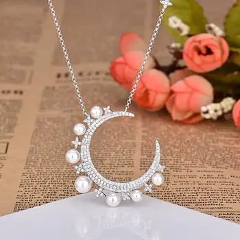 Srebrne barve velika luna ogrlico, obesek, cz luna star crescent moon obesek s pearl eleganco 2018 Božič design